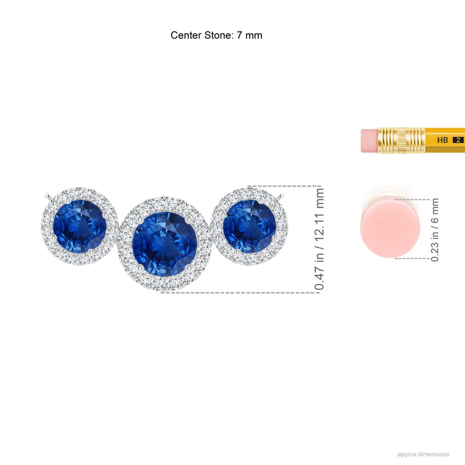 7mm AAA Three Stone Round Blue Sapphire Halo Pendant in White Gold ruler