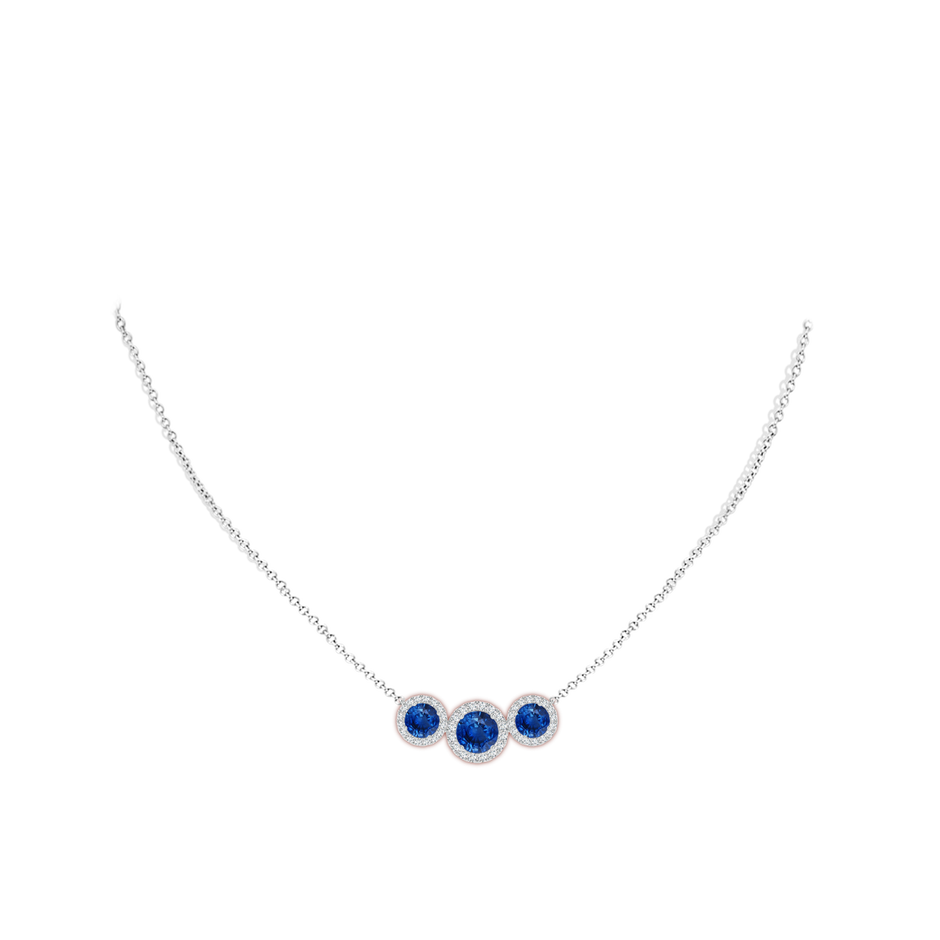 7mm AAA Three Stone Round Blue Sapphire Halo Pendant in White Gold pen