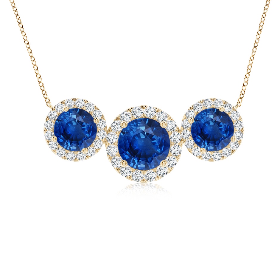 7mm AAA Three Stone Round Blue Sapphire Halo Pendant in Yellow Gold 