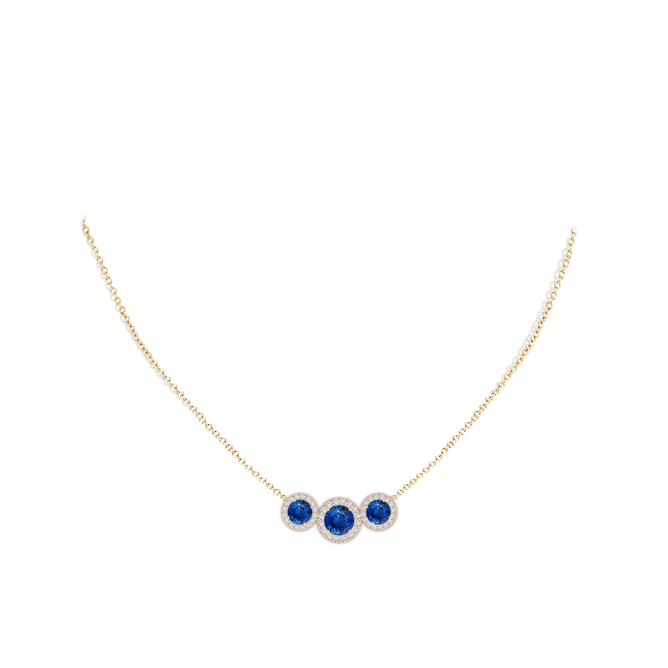 7mm AAA Three Stone Round Blue Sapphire Halo Pendant in Yellow Gold pen