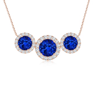 7mm AAAA Three Stone Round Blue Sapphire Halo Pendant in 18K Rose Gold