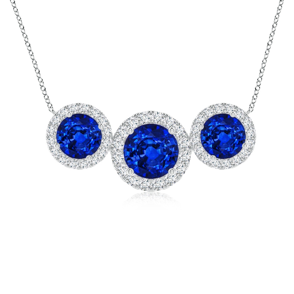 7mm AAAA Three Stone Round Blue Sapphire Halo Pendant in P950 Platinum 