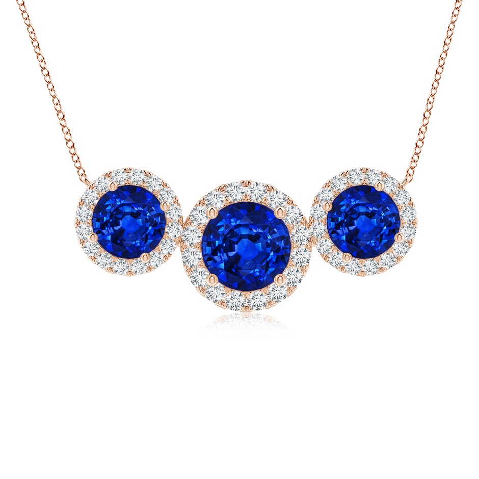 7mm AAAA Three Stone Round Blue Sapphire Halo Pendant in Rose Gold 