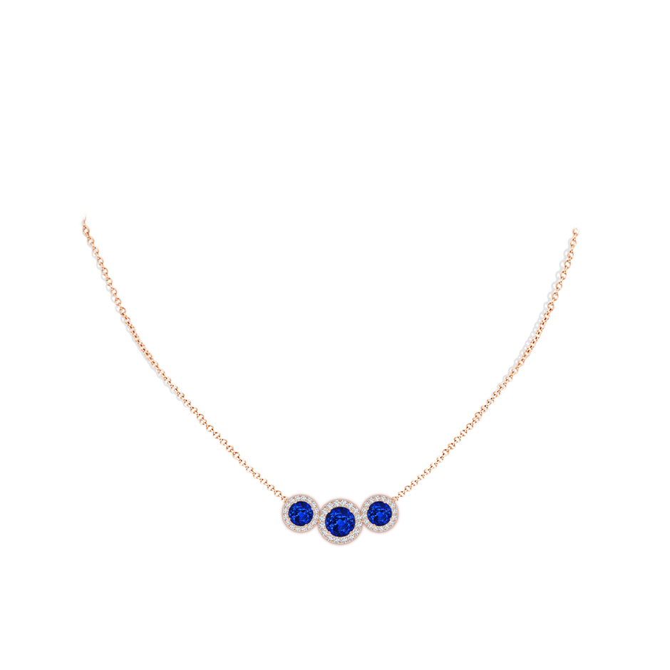 7mm AAAA Three Stone Round Blue Sapphire Halo Pendant in Rose Gold pen