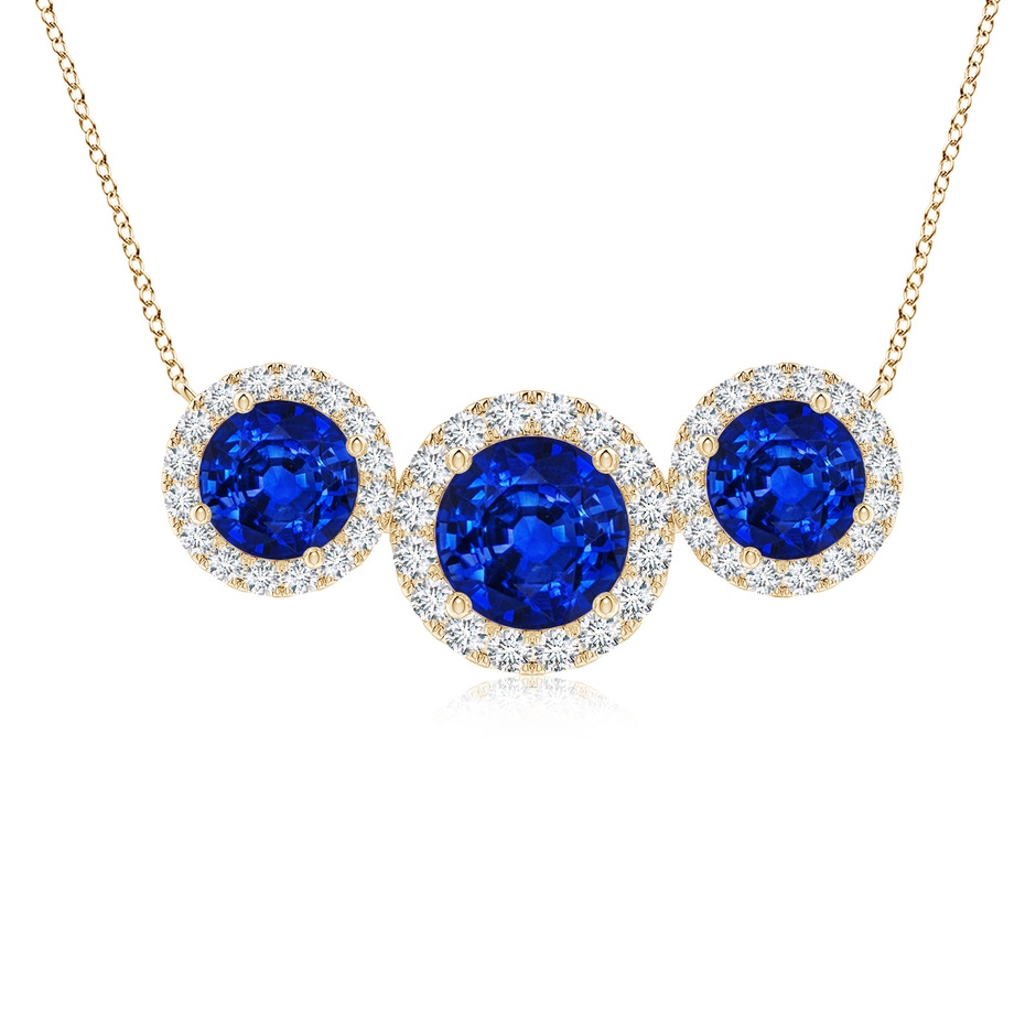 7mm AAAA Three Stone Round Blue Sapphire Halo Pendant in Yellow Gold 