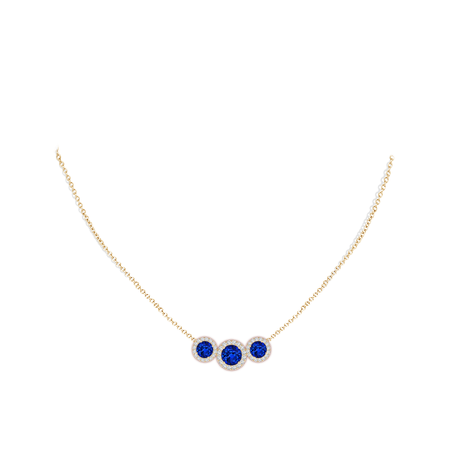 7mm AAAA Three Stone Round Blue Sapphire Halo Pendant in Yellow Gold pen