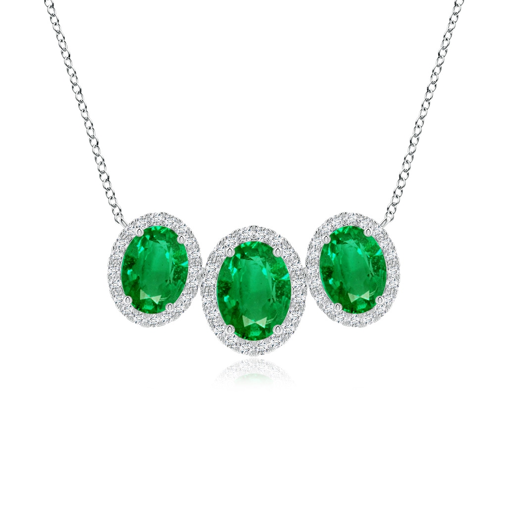 8x6mm AAA Three Stone Oval Emerald Halo Pendant in White Gold