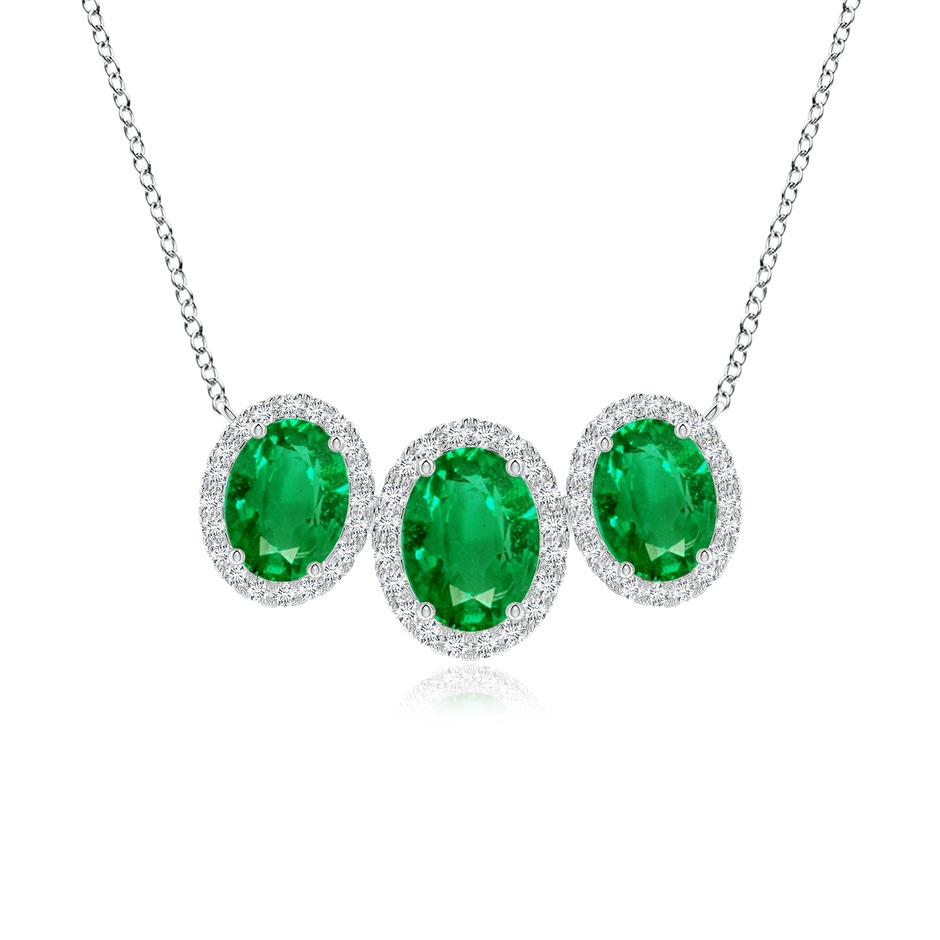 8x6mm AAA Three Stone Oval Emerald Halo Pendant in White Gold 