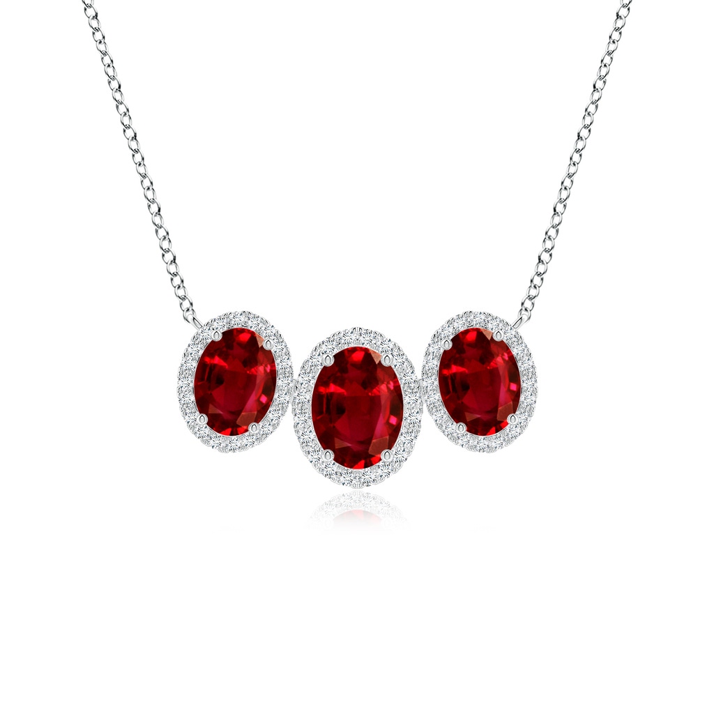 7x5mm AAAA Three Stone Oval Ruby Halo Pendant in P950 Platinum