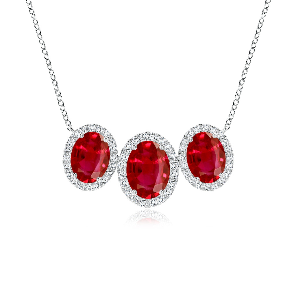 8x6mm AAA Three Stone Oval Ruby Halo Pendant in White Gold