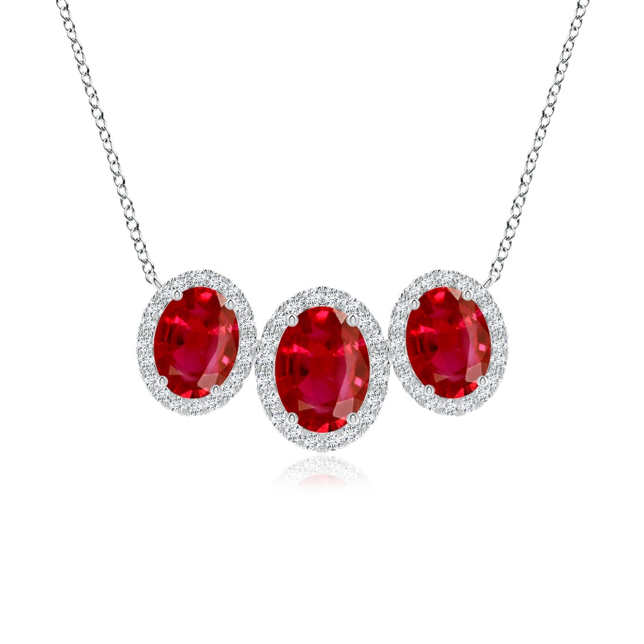 8x6mm AAA Three Stone Oval Ruby Halo Pendant in White Gold 