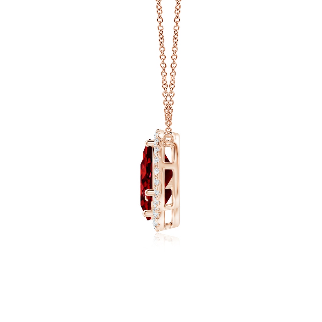9x7mm AAAA Three Stone Oval Ruby Halo Pendant in Rose Gold Side 199