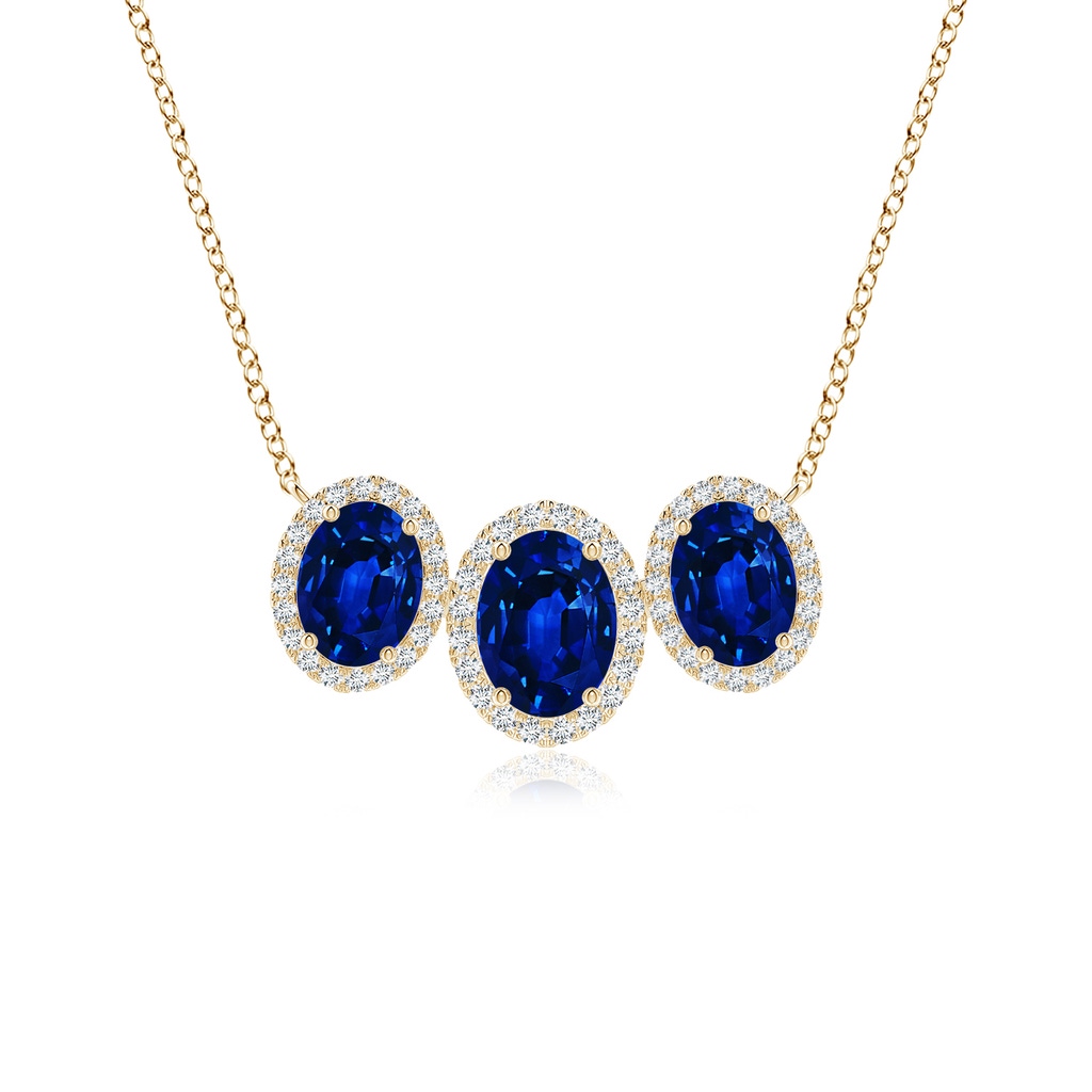 7x5mm Lab-Grown Three Stone Oval Blue Sapphire Halo Pendant in Yellow Gold