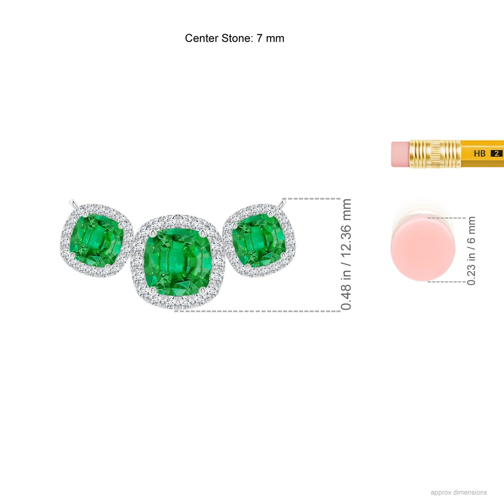 7mm AAA Three Stone Cushion Emerald Halo Pendant in White Gold ruler