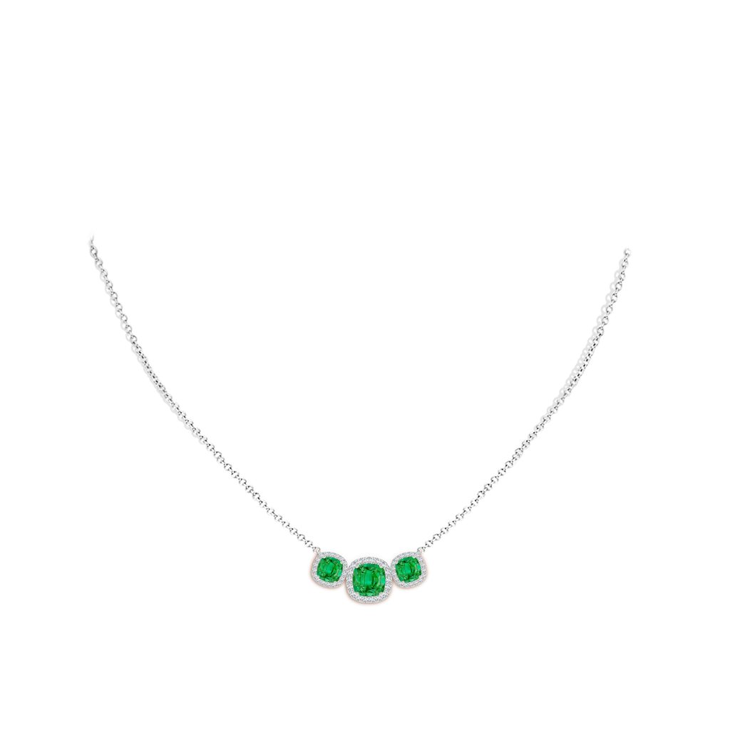 7mm AAA Three Stone Cushion Emerald Halo Pendant in White Gold pen