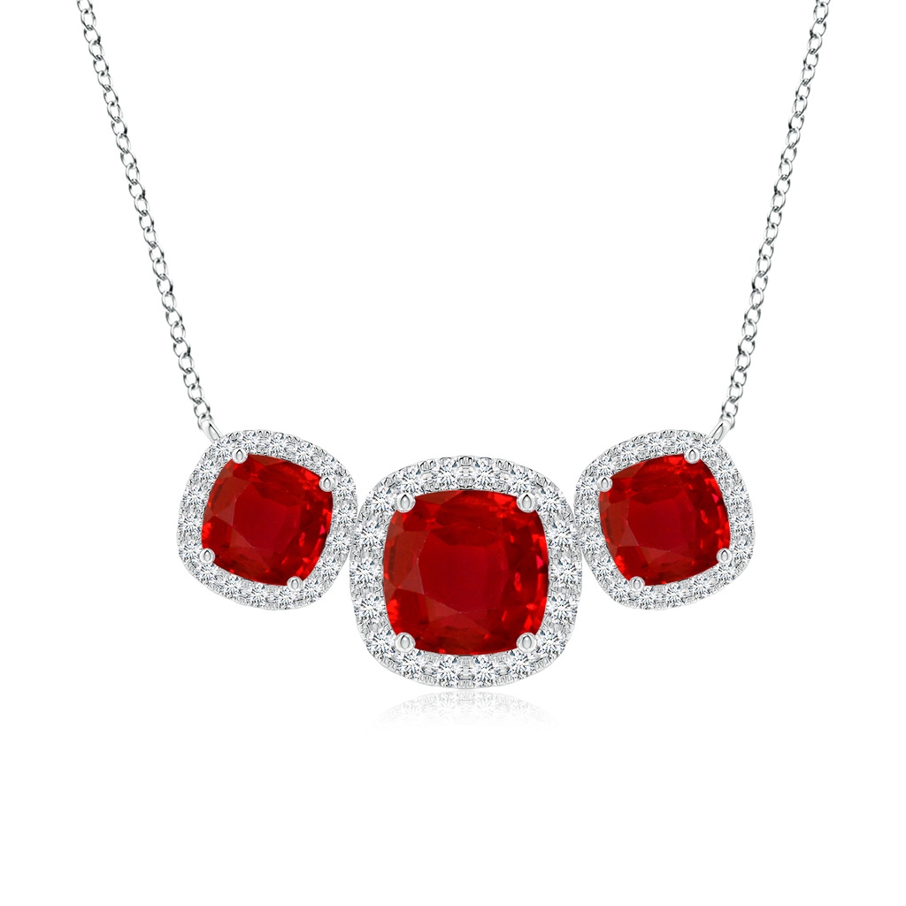 7mm AAA Three Stone Cushion Ruby Halo Pendant in White Gold