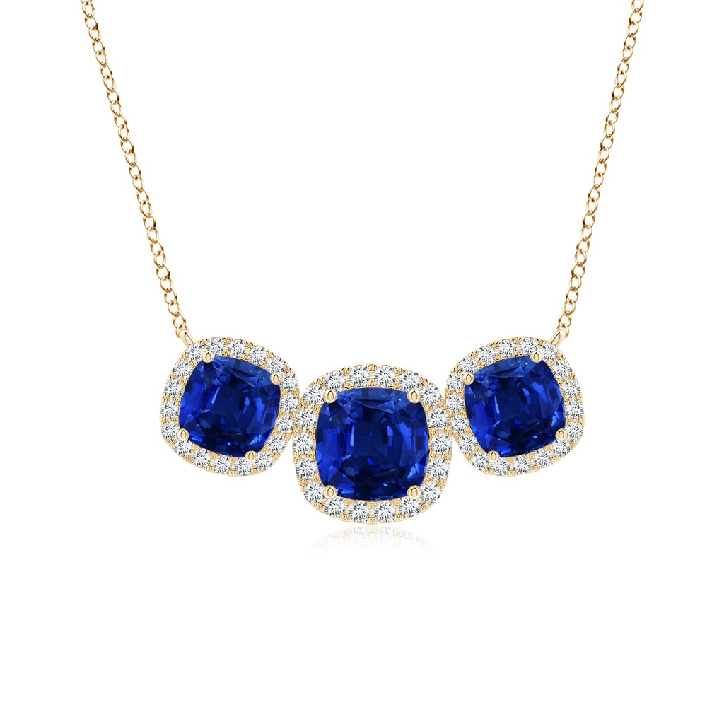 6mm Lab-Grown Three Stone Cushion Blue Sapphire Halo Pendant in Yellow Gold