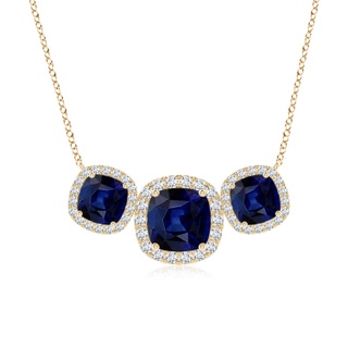 7mm AAA Three Stone Cushion Blue Sapphire Halo Pendant in Yellow Gold