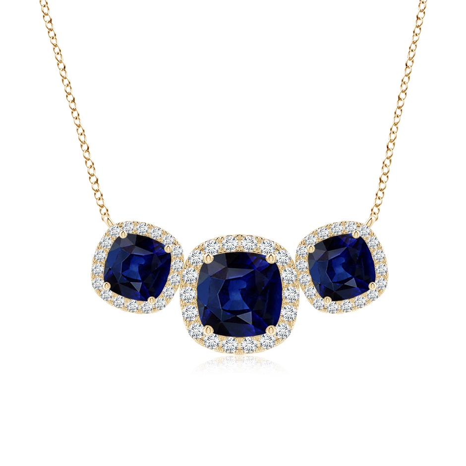 7mm AAA Three Stone Cushion Blue Sapphire Halo Pendant in Yellow Gold 