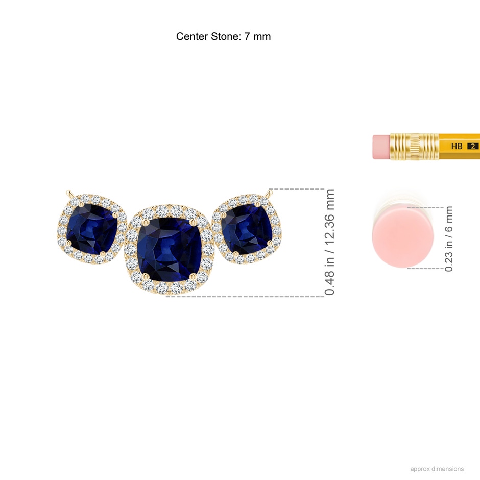 7mm AAA Three Stone Cushion Blue Sapphire Halo Pendant in Yellow Gold ruler