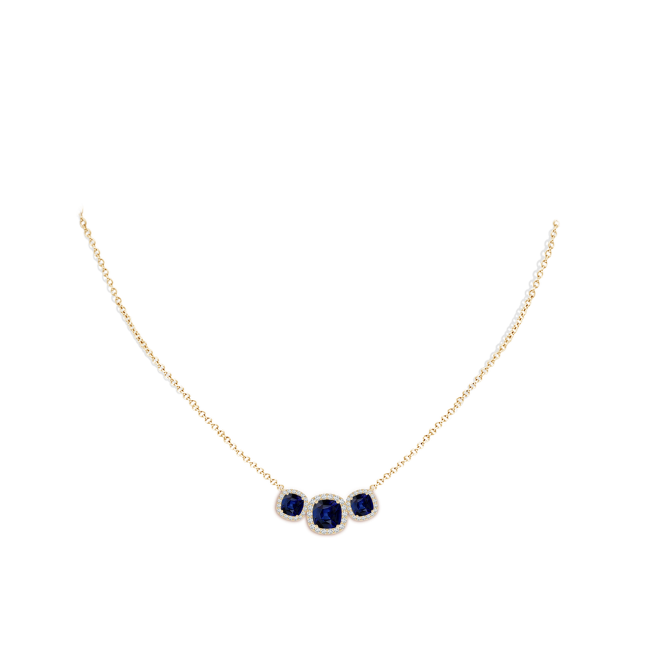 7mm AAA Three Stone Cushion Blue Sapphire Halo Pendant in Yellow Gold pen