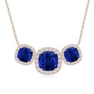 8mm AAAA Three Stone Cushion Blue Sapphire Halo Pendant in 18K Rose Gold