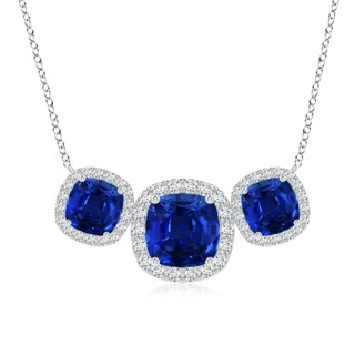 8mm AAAA Three Stone Cushion Blue Sapphire Halo Pendant in P950 Platinum