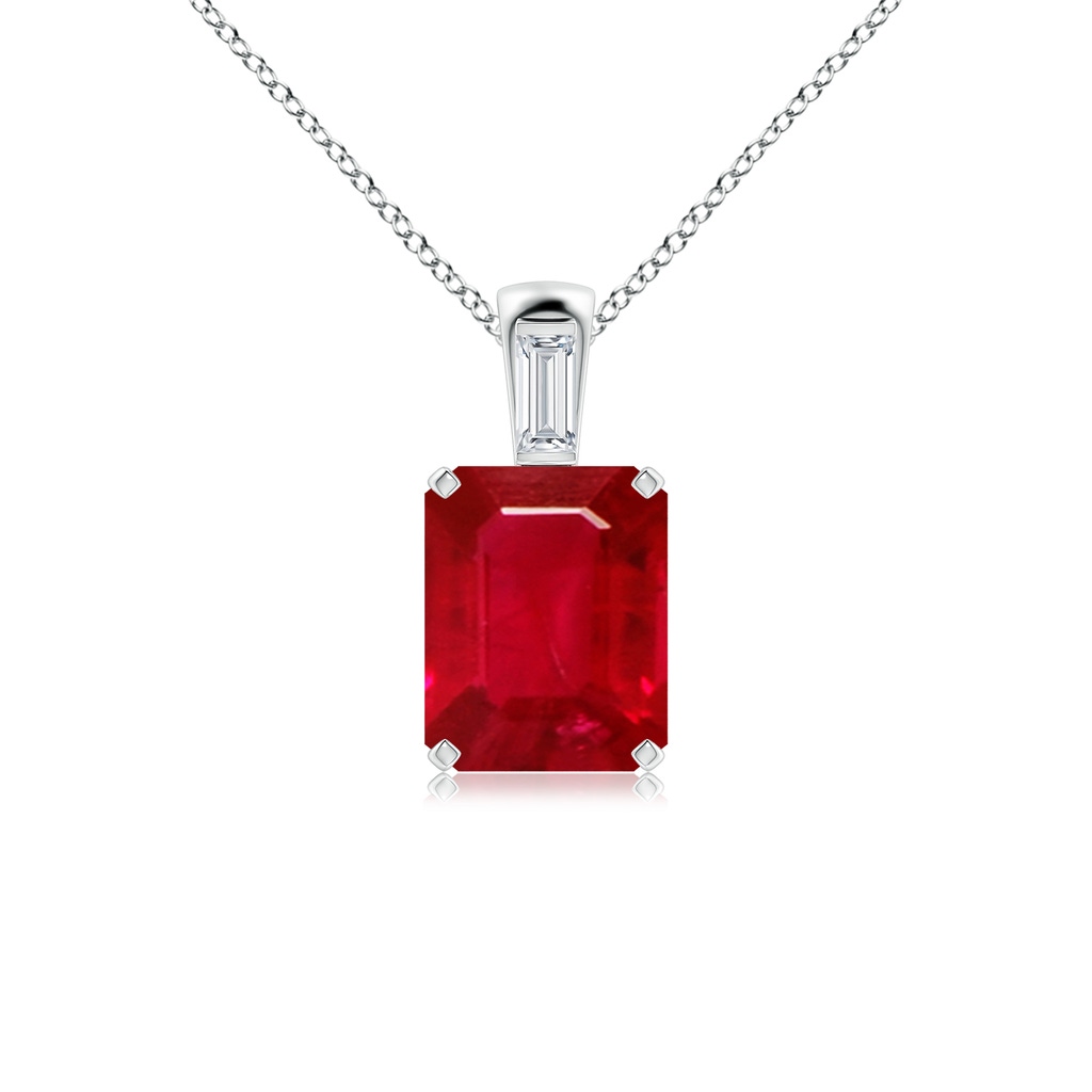 10x8mm AAA Emerald-Cut Ruby Pendant with Baguette Diamond in White Gold