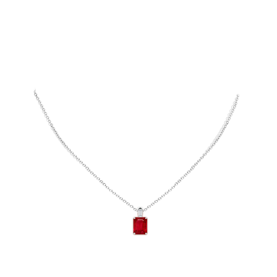 10x8mm AAA Emerald-Cut Ruby Pendant with Baguette Diamond in White Gold pen