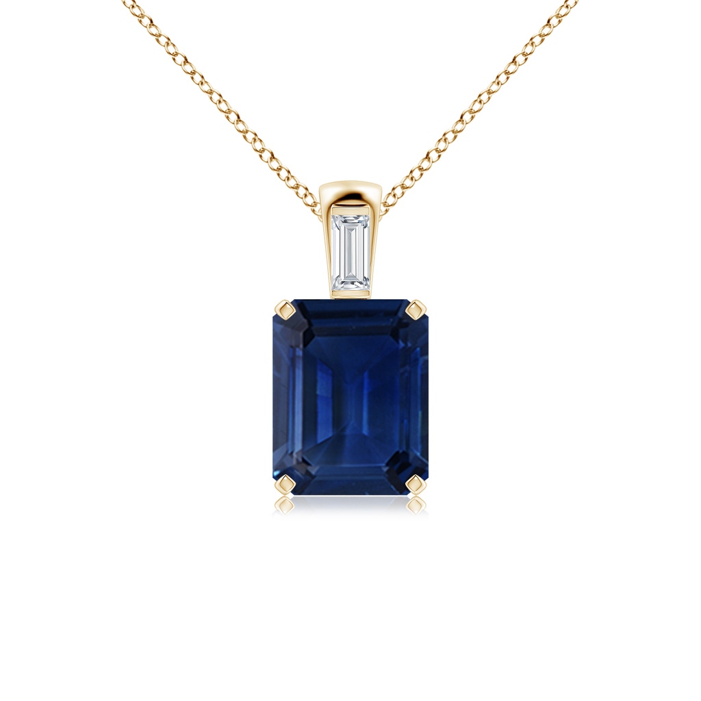 10x8mm AAA Emerald-Cut Blue Sapphire Pendant with Baguette Diamond in Yellow Gold