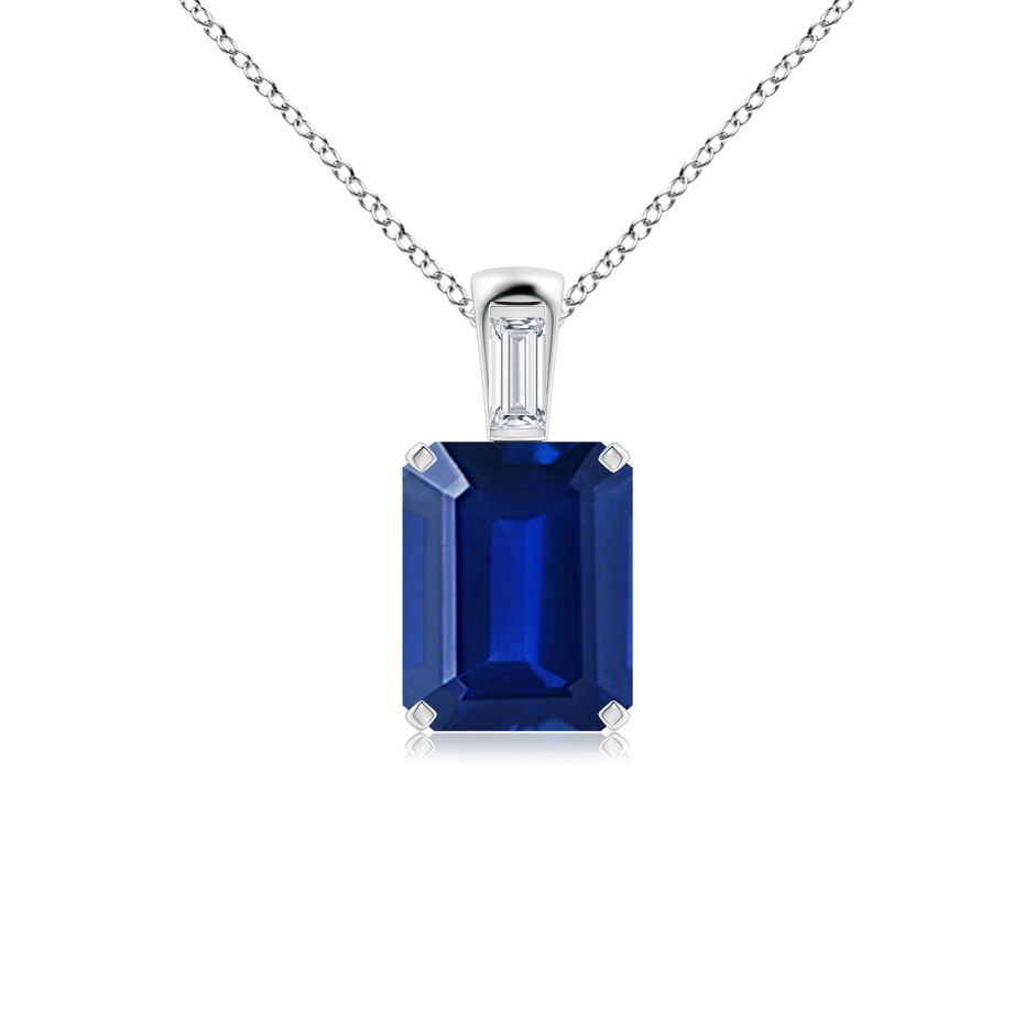 10x8mm Lab-Grown Emerald-Cut Blue Sapphire Pendant with Baguette Diamond in P950 Platinum 