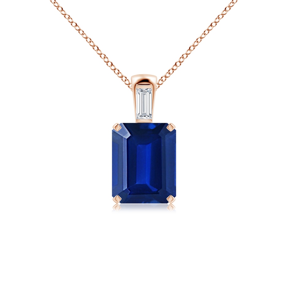 10x8mm Lab-Grown Emerald-Cut Blue Sapphire Pendant with Baguette Diamond in Rose Gold 