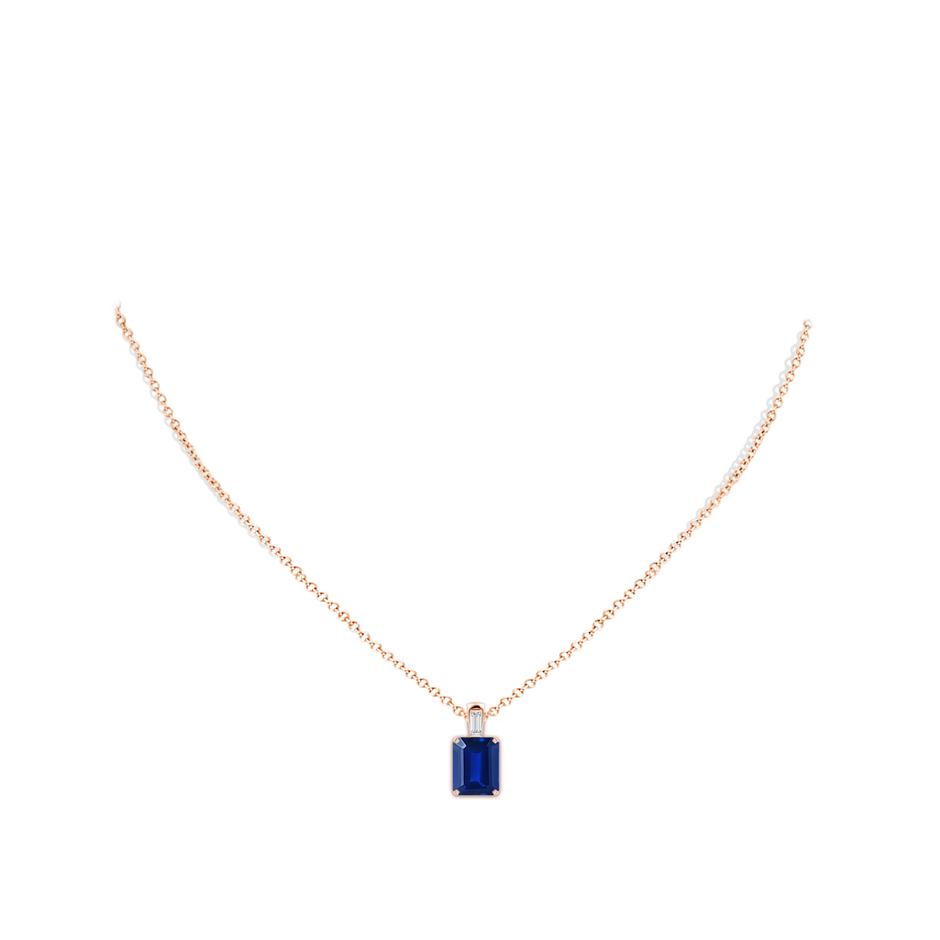 10x8mm Lab-Grown Emerald-Cut Blue Sapphire Pendant with Baguette Diamond in Rose Gold pen