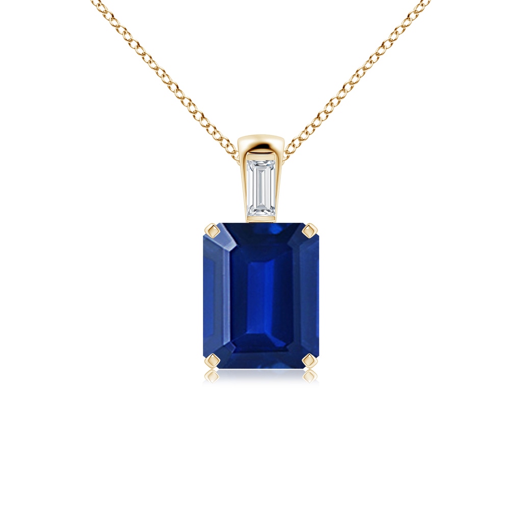 10x8mm Lab-Grown Emerald-Cut Blue Sapphire Pendant with Baguette Diamond in Yellow Gold