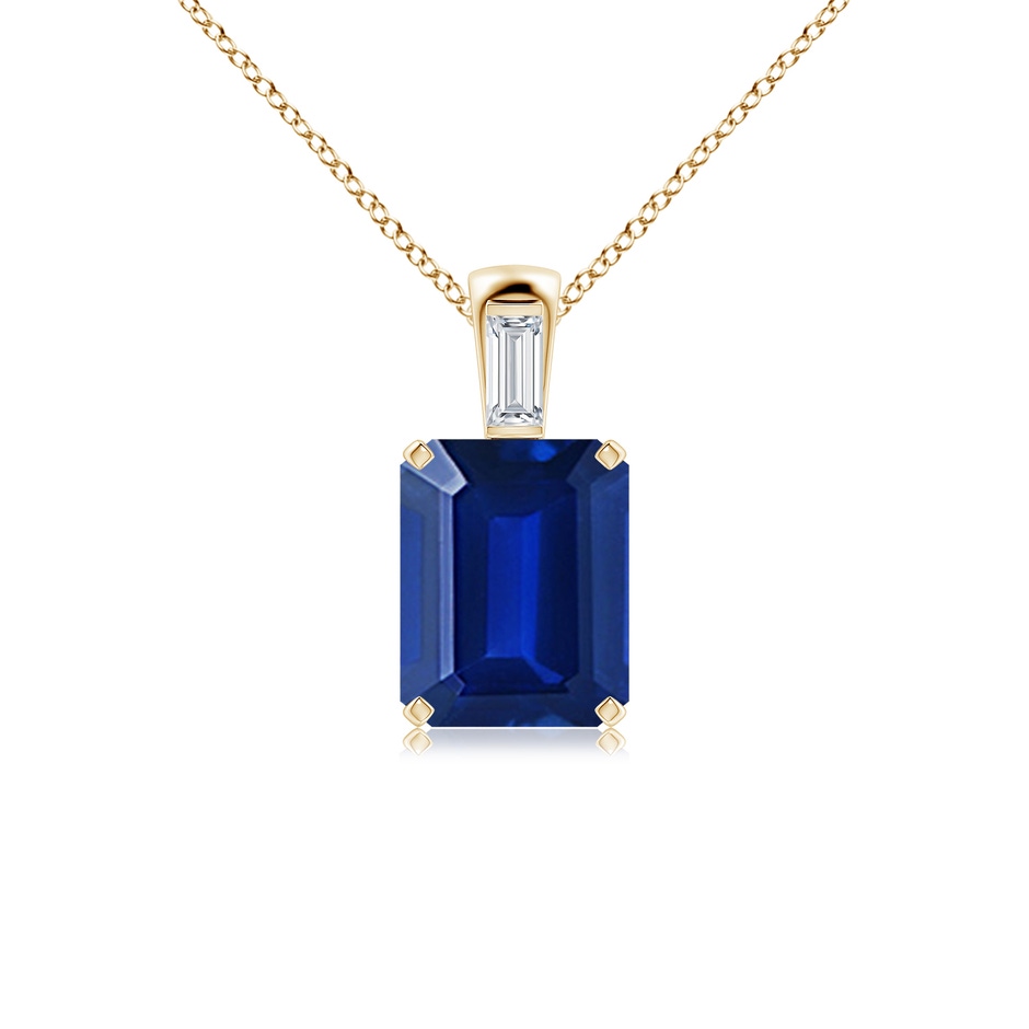 10x8mm Lab-Grown Emerald-Cut Blue Sapphire Pendant with Baguette Diamond in Yellow Gold 