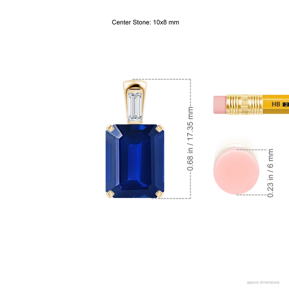 10x8mm Lab-Grown Emerald-Cut Blue Sapphire Pendant with Baguette Diamond in Yellow Gold ruler