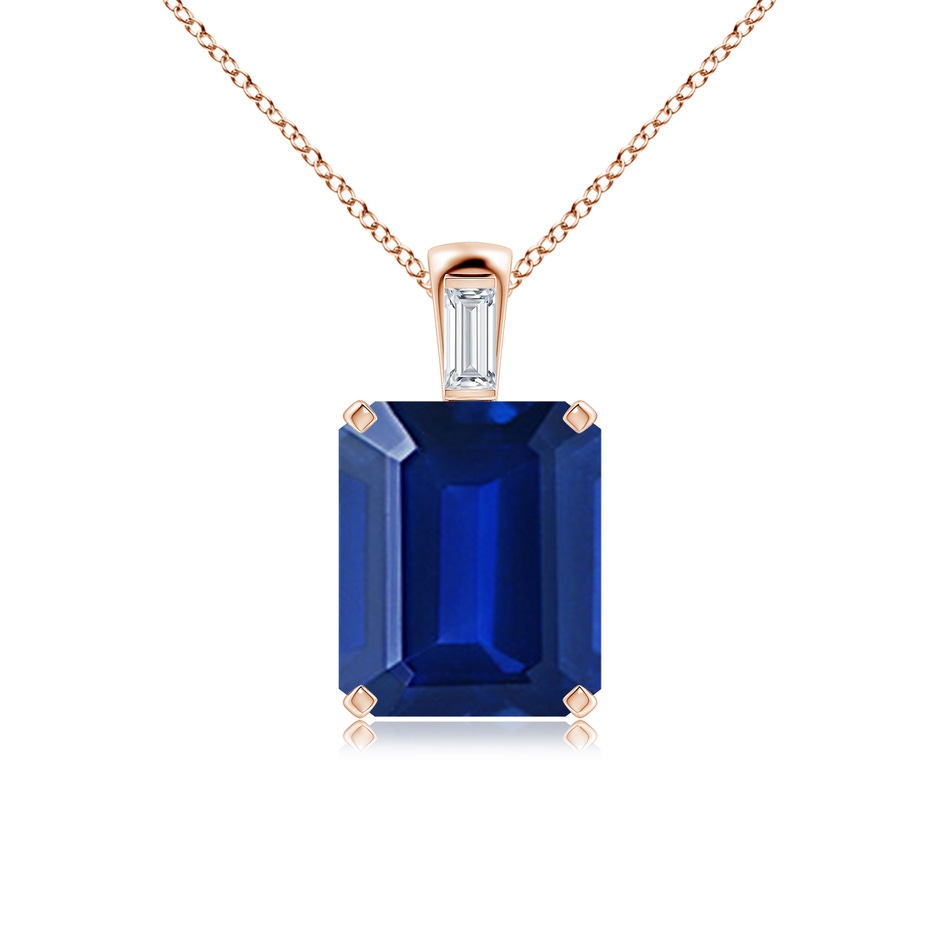 12x10mm Lab-Grown Emerald-Cut Blue Sapphire Pendant with Baguette Diamond in 18K Rose Gold 