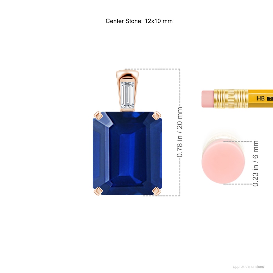 12x10mm Lab-Grown Emerald-Cut Blue Sapphire Pendant with Baguette Diamond in 18K Rose Gold ruler