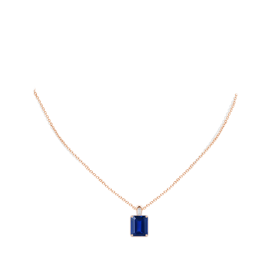 12x10mm Lab-Grown Emerald-Cut Blue Sapphire Pendant with Baguette Diamond in 18K Rose Gold pen