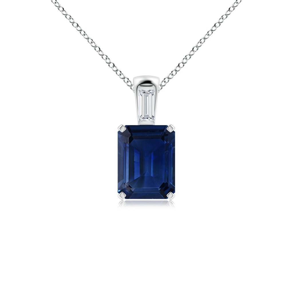 9x7mm AAA Emerald-Cut Blue Sapphire Pendant with Baguette Diamond in White Gold