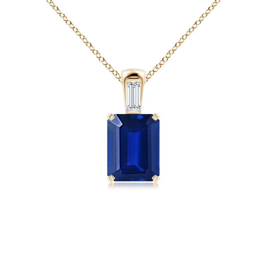 9x7mm Lab-Grown Emerald-Cut Blue Sapphire Pendant with Baguette Diamond in Yellow Gold