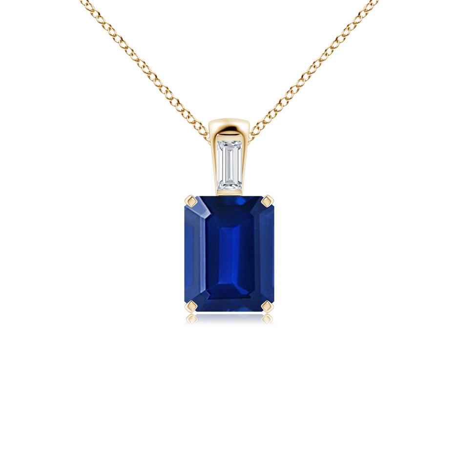 9x7mm Lab-Grown Emerald-Cut Blue Sapphire Pendant with Baguette Diamond in Yellow Gold 