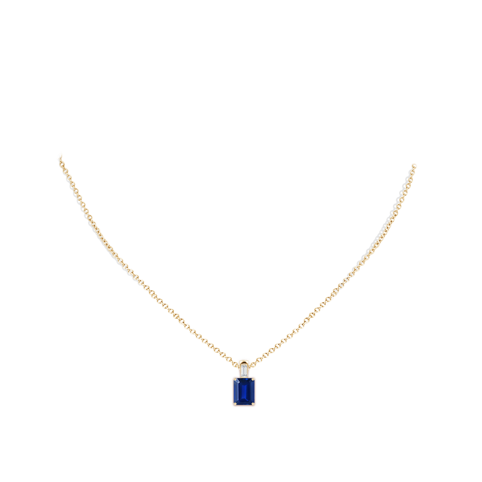 9x7mm Lab-Grown Emerald-Cut Blue Sapphire Pendant with Baguette Diamond in Yellow Gold pen