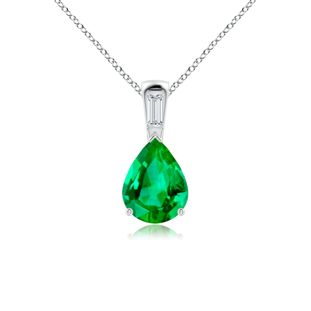 10x8mm AAA Pear Emerald Pendant with Baguette Diamond in White Gold