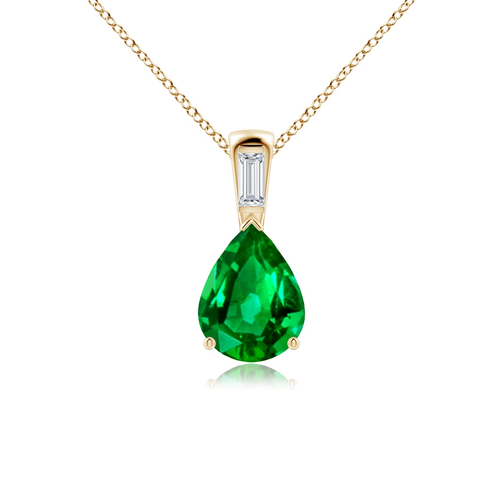 10x8mm AAAA Pear Emerald Pendant with Baguette Diamond in Yellow Gold