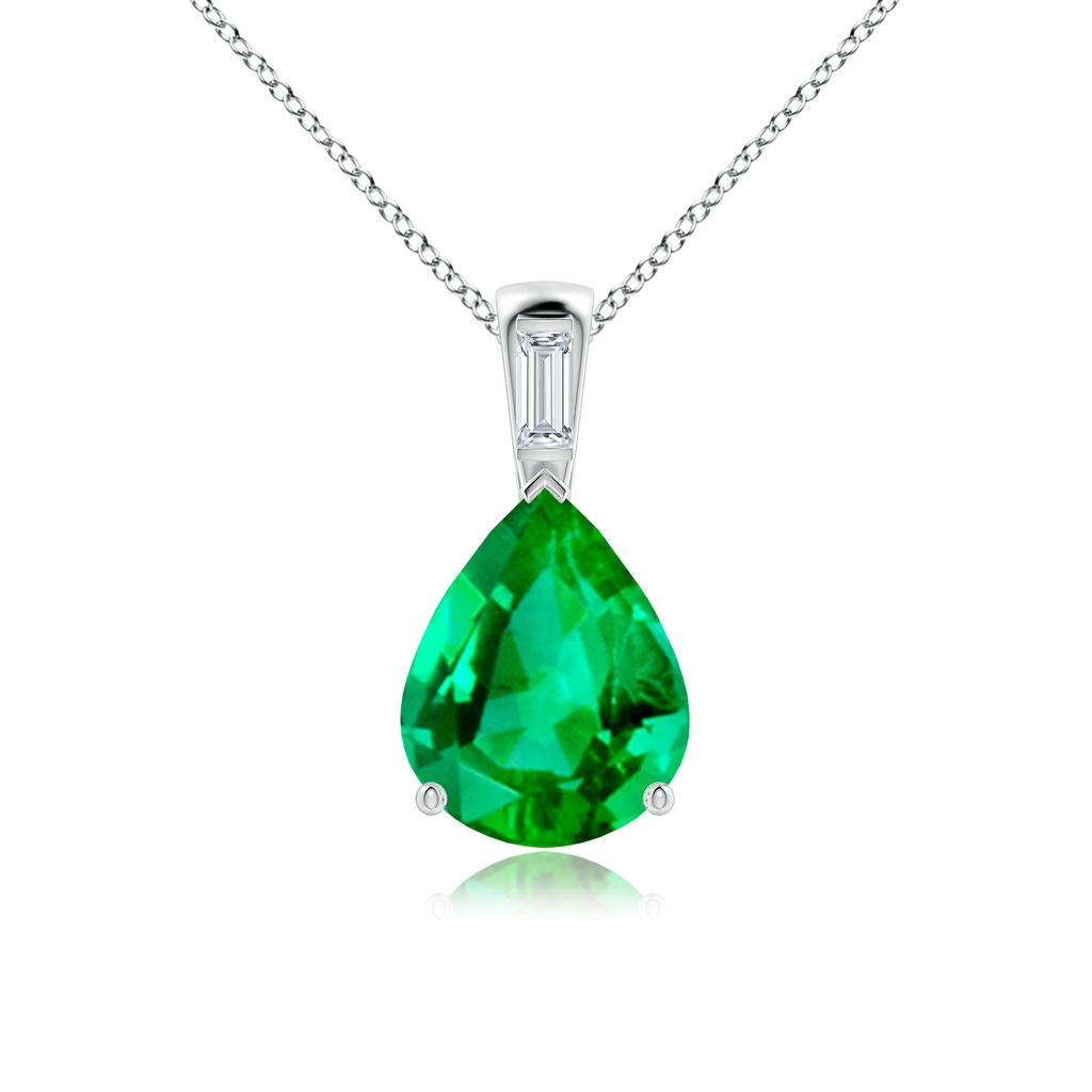 12x10mm AAA Pear Emerald Pendant with Baguette Diamond in White Gold