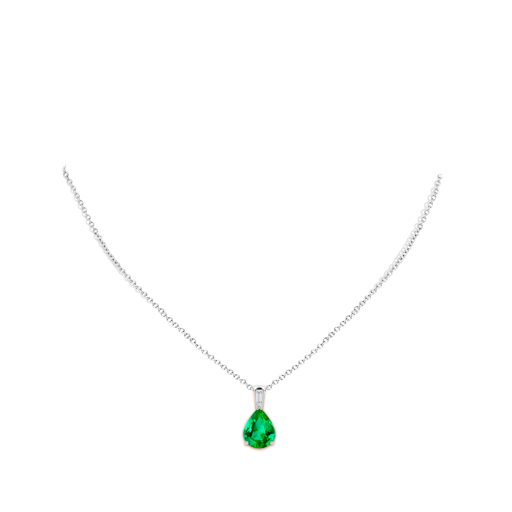 12x10mm AAA Pear Emerald Pendant with Baguette Diamond in White Gold pen