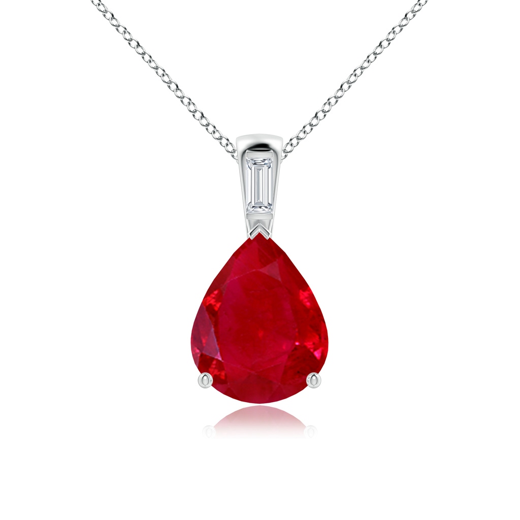 12x10mm AAA Pear Ruby Pendant with Baguette Diamond in White Gold