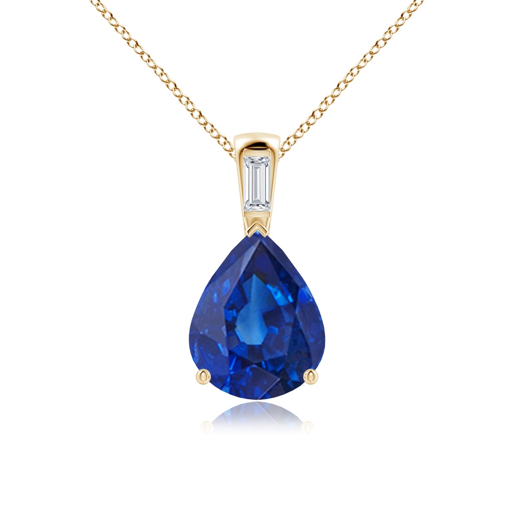 12x10mm AAA Pear Blue Sapphire Pendant with Baguette Diamond in Yellow Gold