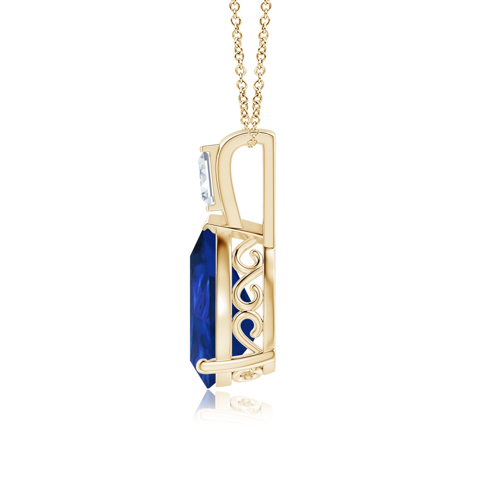12x10mm AAA Pear Blue Sapphire Pendant with Baguette Diamond in Yellow Gold Side 199